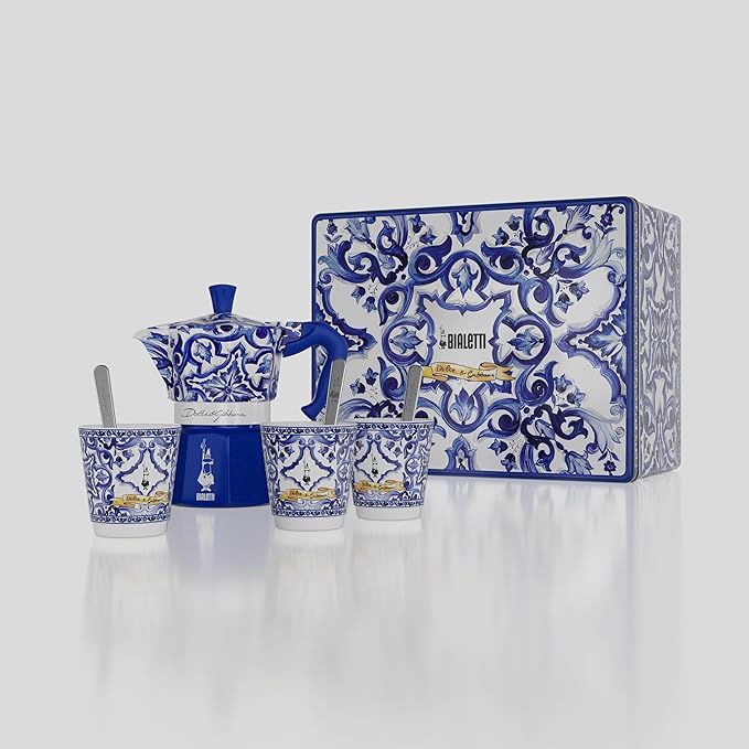 Bialetti Dolce & Gabbana Blue Mediterraneo Moka Express & Espresso Cup Set, Direct Fire