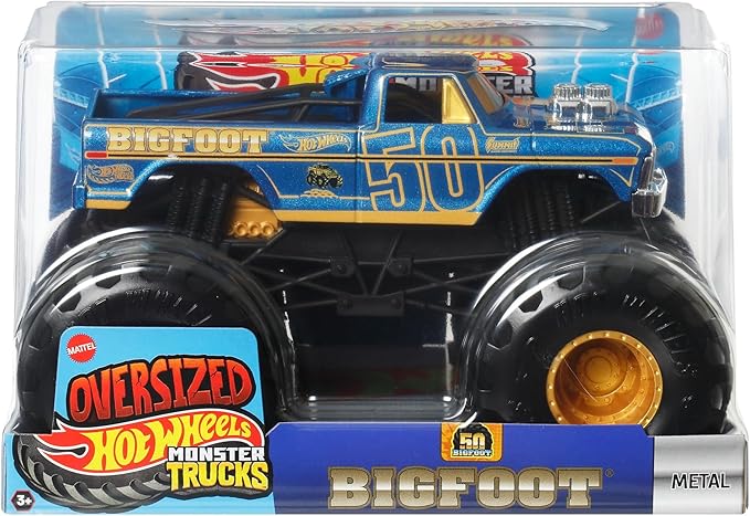 Hot Wheels JCC91 Monster Truck, Big Size, Bigfoot (50th Anniversary), Ride on Toy, 1:24, Mini Car, 3 Years Old and Up, Blue