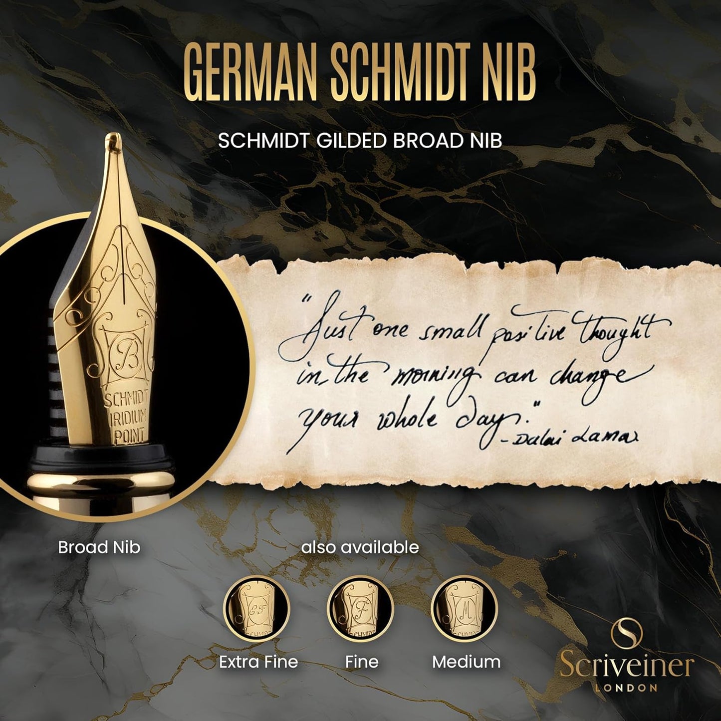 Scriveiner Premium Fountain Pen (Black). Features a genuine gold-plated Schmidt nib (broad). This sophisticated fountain pen gift set is perfect for both men and women. Perfect for professionals
