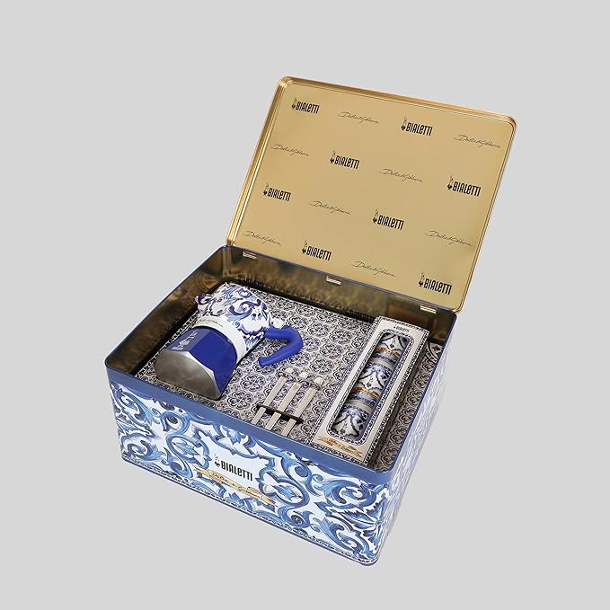 Bialetti Dolce & Gabbana Blue Mediterraneo Moka Express & Espresso Cup Set, Direct Fire