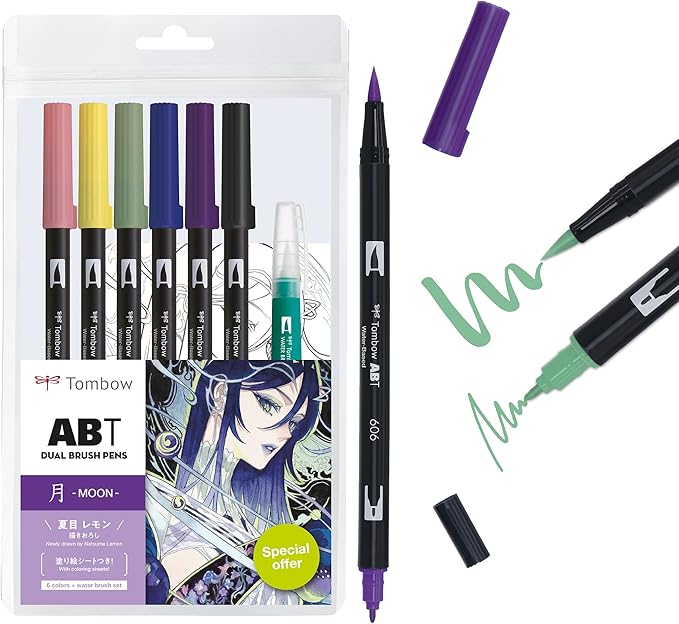 TOMBOW Pencil Brush Pen Dual Brush Pen ABT 6 Colors & Water Brush Illustration Set Flower AB-T6CFRQA