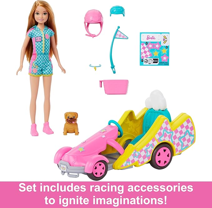 Barbie Stacie Doll with Go-Kart Car with Rolling Wheels, Dog, Accessories, & Sticker Sheet, 9-Piece Toy Set