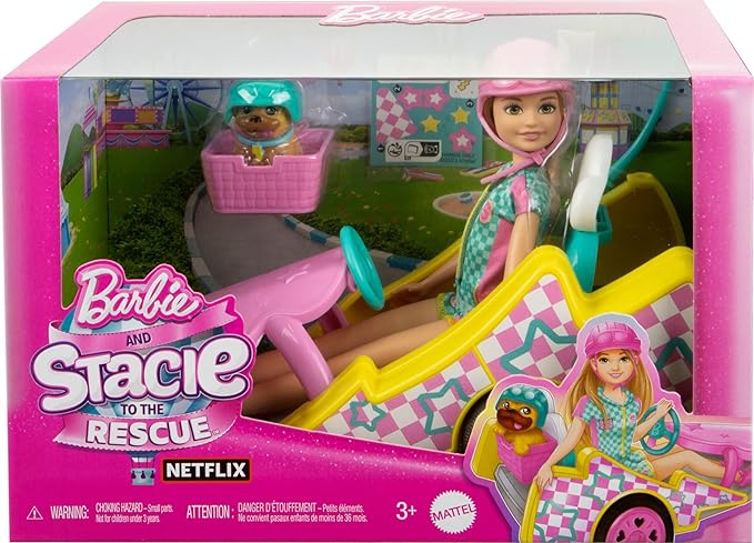 Barbie Stacie Doll with Go-Kart Car with Rolling Wheels, Dog, Accessories, & Sticker Sheet, 9-Piece Toy Set