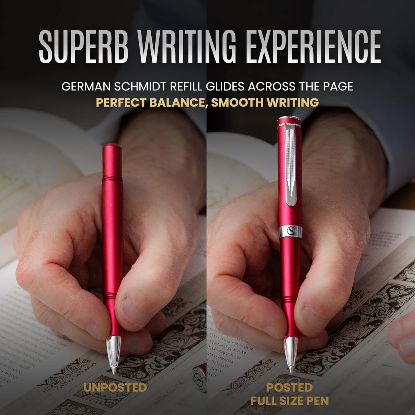 Scriveiner Old Version Red Rollerball EDC Luxury Pen, Stunning Pocket Pen with Chrome Finish, Cool Writing Pen, Best Pen Gift for Men & Women, German Schmidt Refill, Nice Present