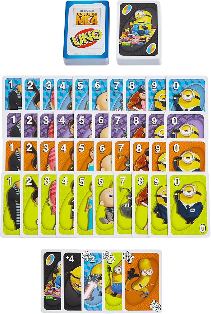 Mattel Games HXT53 UNO Despicable Me 4 Minions Card Game, Party Goods, For 2 to 10 Players, 112 Cards, Ages 7 and Up, Yellow (English Language Not Guaranteed)
