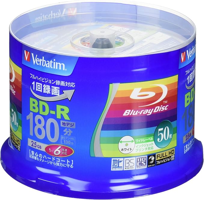 Verbatim Japan VBR13 Blu-ray Disc for Repeated Recording, BD-RE, 25 GB, 50 Cards, White Printerable, 1 Layer, 1-2 Time, VBE130NP50SV1 + Single Recording, BD-R, 25 GB, 50 Cards, White Printerable, 1