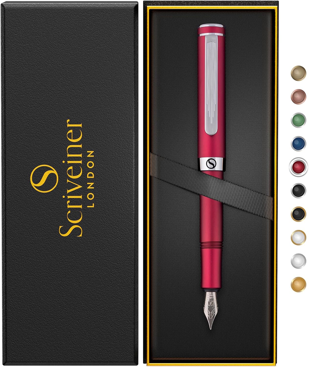 Scriveiner Premium EDC Fountain Pen Medium Point, Lovely Matte Red Pocket Pen, Chrome Finish, Schmidt Tip, Converter, Best Writing Instrument Gift Set for Men & Women, Nice Office Designer Pen