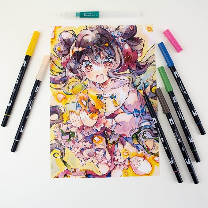 TOMBOW Pencil Brush Pen Dual Brush Pen ABT 6 Colors & Water Brush Illustration Set Flower AB-T6CFRQA