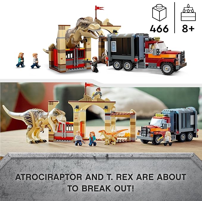 LEGO Jurassic World T. Rex & Atrociraptor Dinosaur Breakout 76948 (466 Pieces)|Multicolor
