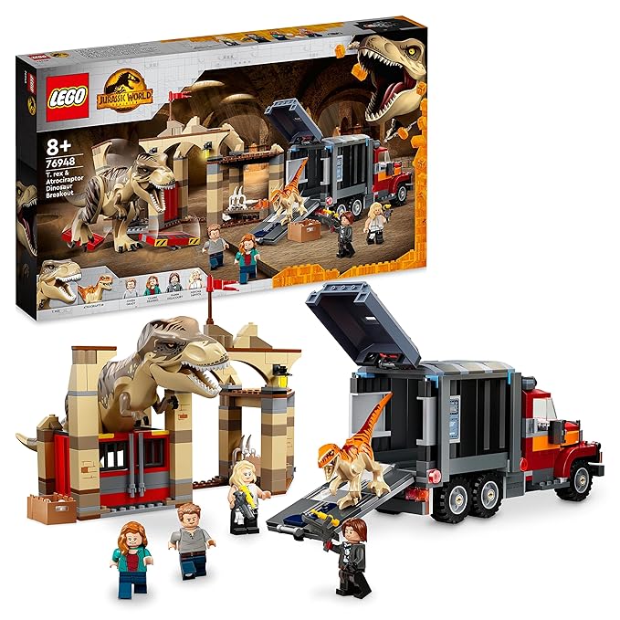 LEGO Jurassic World T. Rex & Atrociraptor Dinosaur Breakout 76948 (466 Pieces)|Multicolor