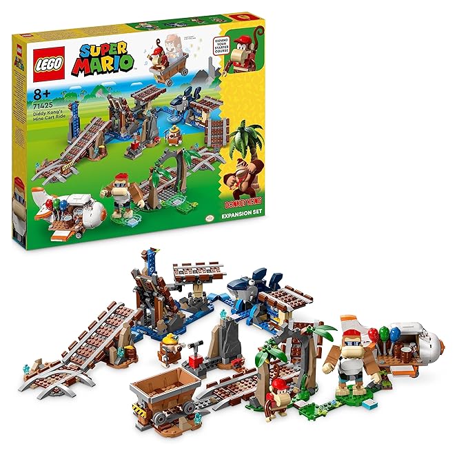 LEGO Super Mario Diddy Kong's Mine Cart Ride Expansion Set 71425, Collectible Building Toy with Brick Built Funky Kong Figure, Super Mario Gift Set for Kids Ages 8-10 to Combine with a Starter Course