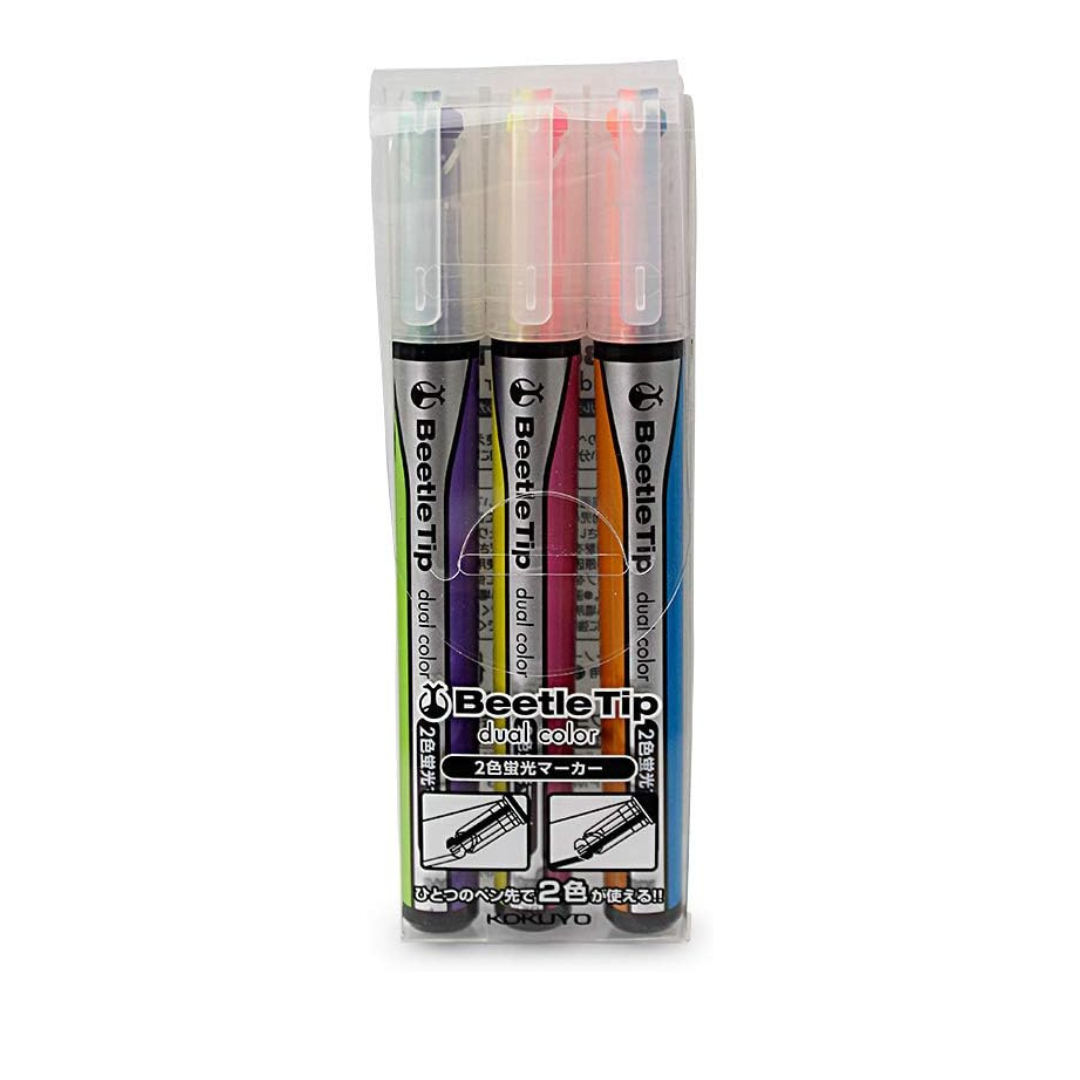 Kokuyo Beetel Tip Dual Dual-Color Highliter - Pack of 3, Multi