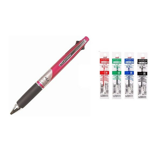Uni Jetstream 4&1 Red Green Blue and Black 0.7mm Ballpoint Multi Pen and 0.5mm Mechanical Pencil (Pink) + Refill 4 Colors 0.7mm Set