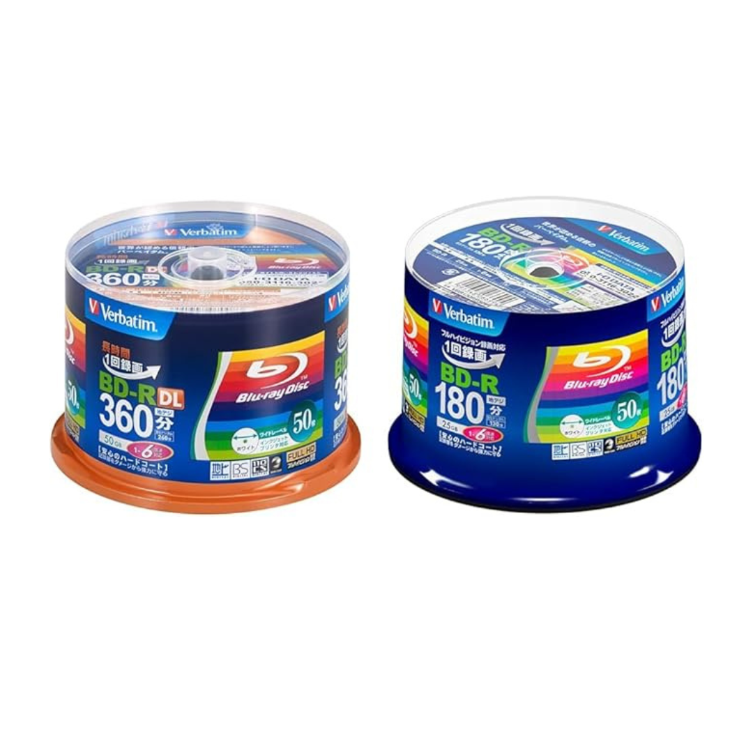 Verbatim BD-R DL VBR260RP50SV1 (2 layers on one side/1-6x/50 sheets) & Verbatim BD-R VBR130RP50V4 for 1 recording (1 layer per side/1-6x/50 sheets)