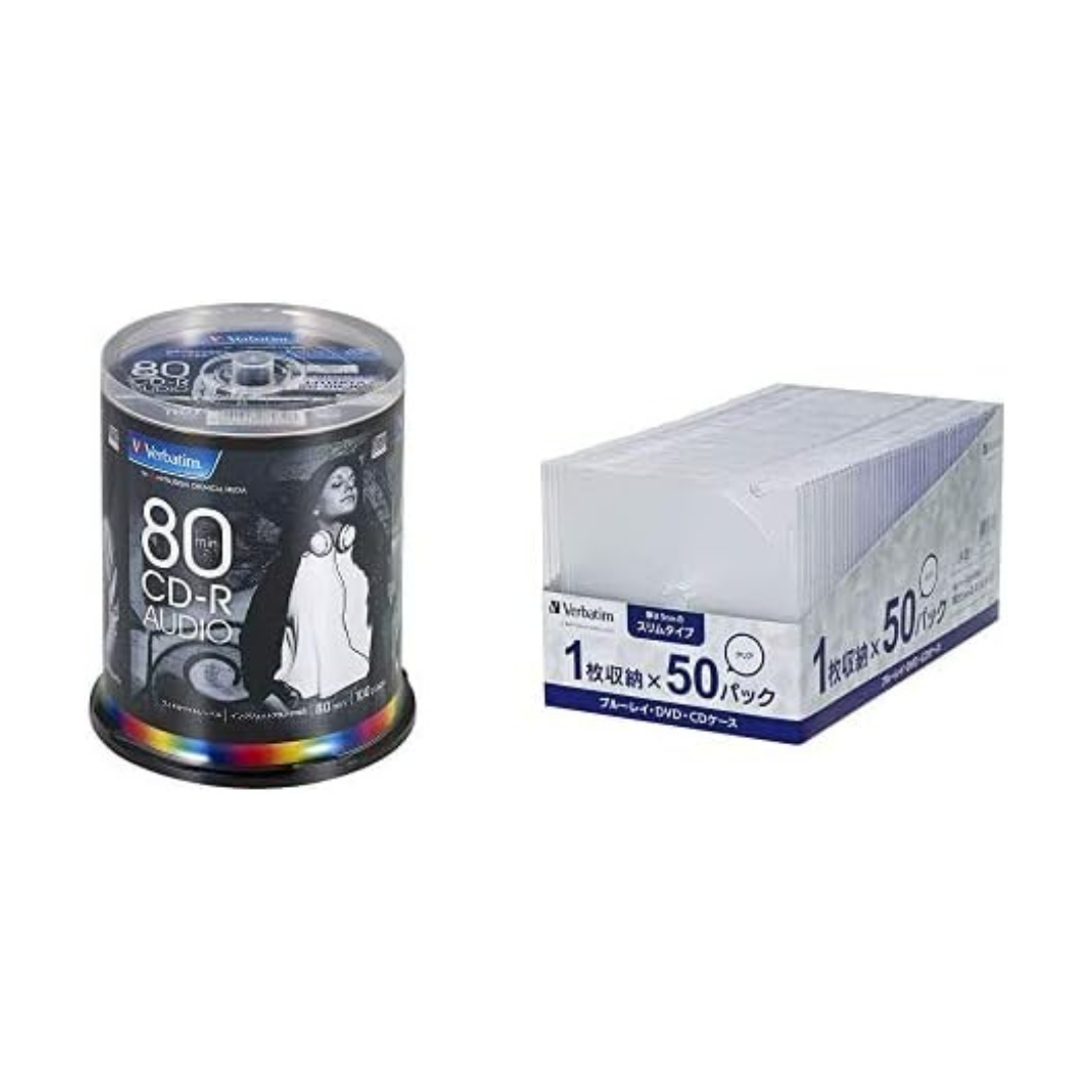 Verbatim CPSSC50 CD/R for Music, 80 Minutes, 100 Sheets, White Printer, 48x, MUR80FP100SV2 & BD/DVD/CD Case, 50 Sheets, Slim Case (0.2 inch (5 mm) Thick, Transparent