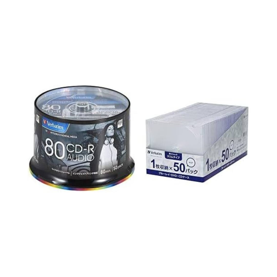 Verbatim CPSSC50 CD/R for Music, 80 Minutes, 50 Sheets, White Printer, 48x, MUR80FP50SV2b&BD/DVD/CD Case, 50 Sheets, Slim Case (0.2 inch (5 mm) Thick, Transparent