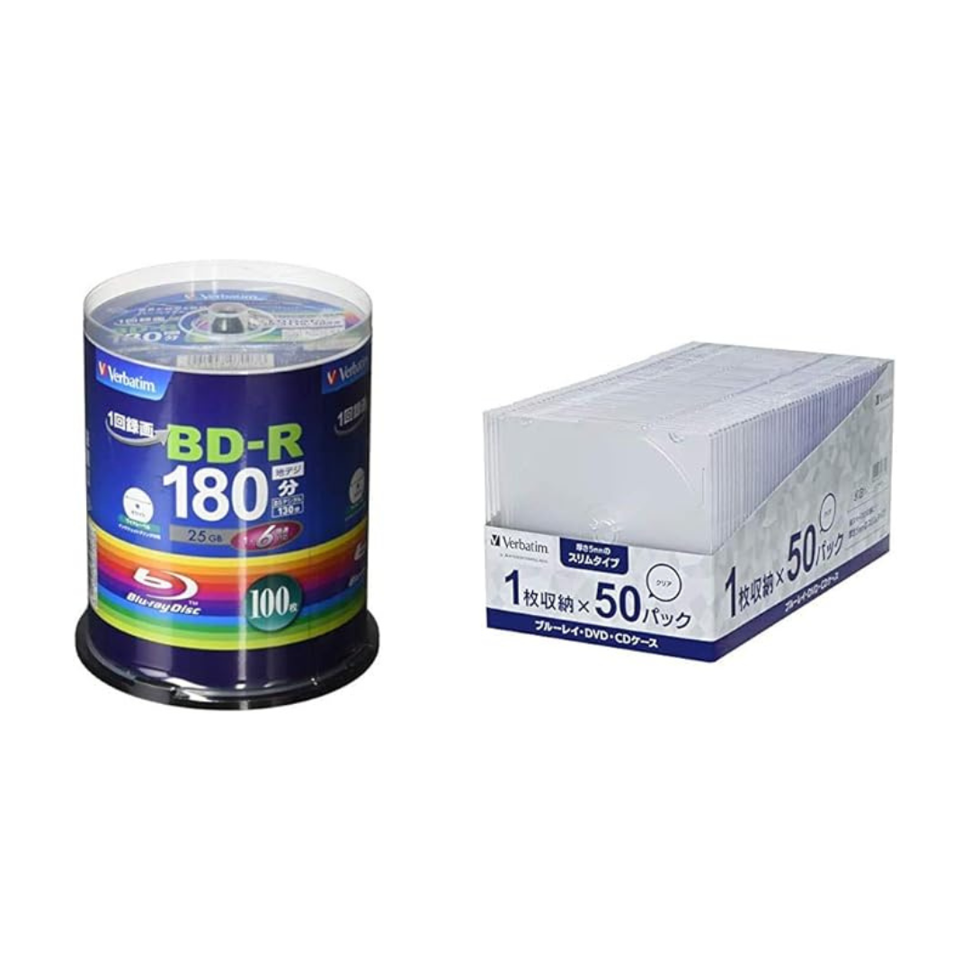 Verbatim VBR130RP100SV4 Single Recording, Blu-ray Disc, BD-R, 25 GB, 100 Pieces, White Printable, Single Sided, 1-Layer, 1-6x Speed + CPSSC50 BD / DVD / CD Case, 50 Sheets, Slim Case (0.2 inch (5 mm) Thick), Transparent