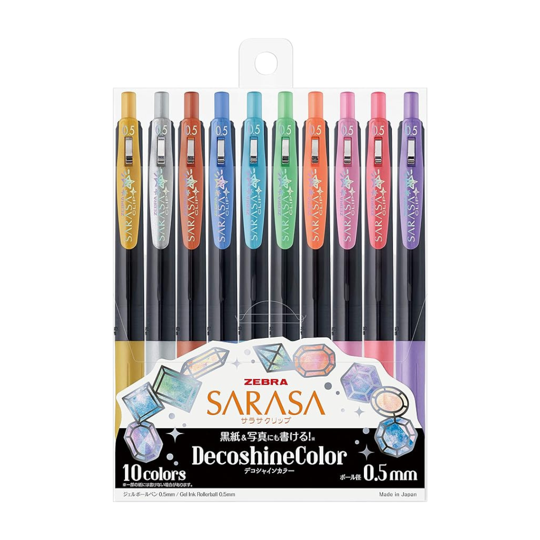 Zebra JJ15-10C-SH Gel Ballpoint Pen, Sarasa Clip, 0.5mm, Deco Shine Color, Set of 10 Colors