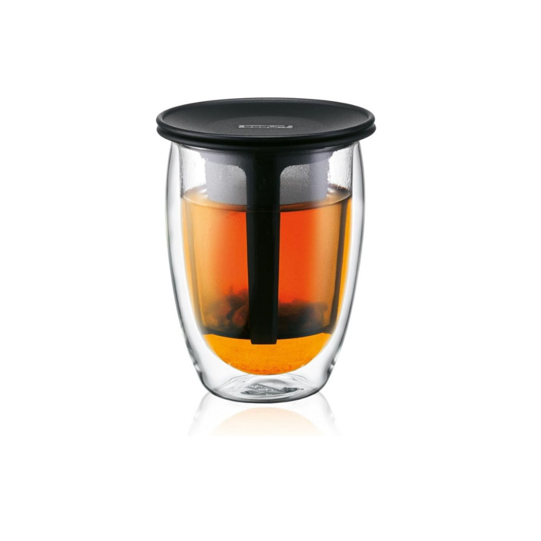 Bodum Teapot Tea Maker Tea for One Double Wall Glass with Tea Filter 350ml Black Tea Green Plastic Filter Glass Beaker Dishwasher Safe.