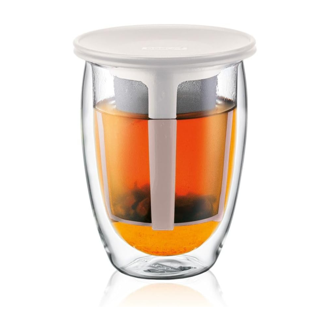 Bodum Teapot Tea Maker Tea for One Double Wall Glass with Tea Filter 350ml Black Tea Green Plastic Filter Glass Beaker Dishwasher Safe.