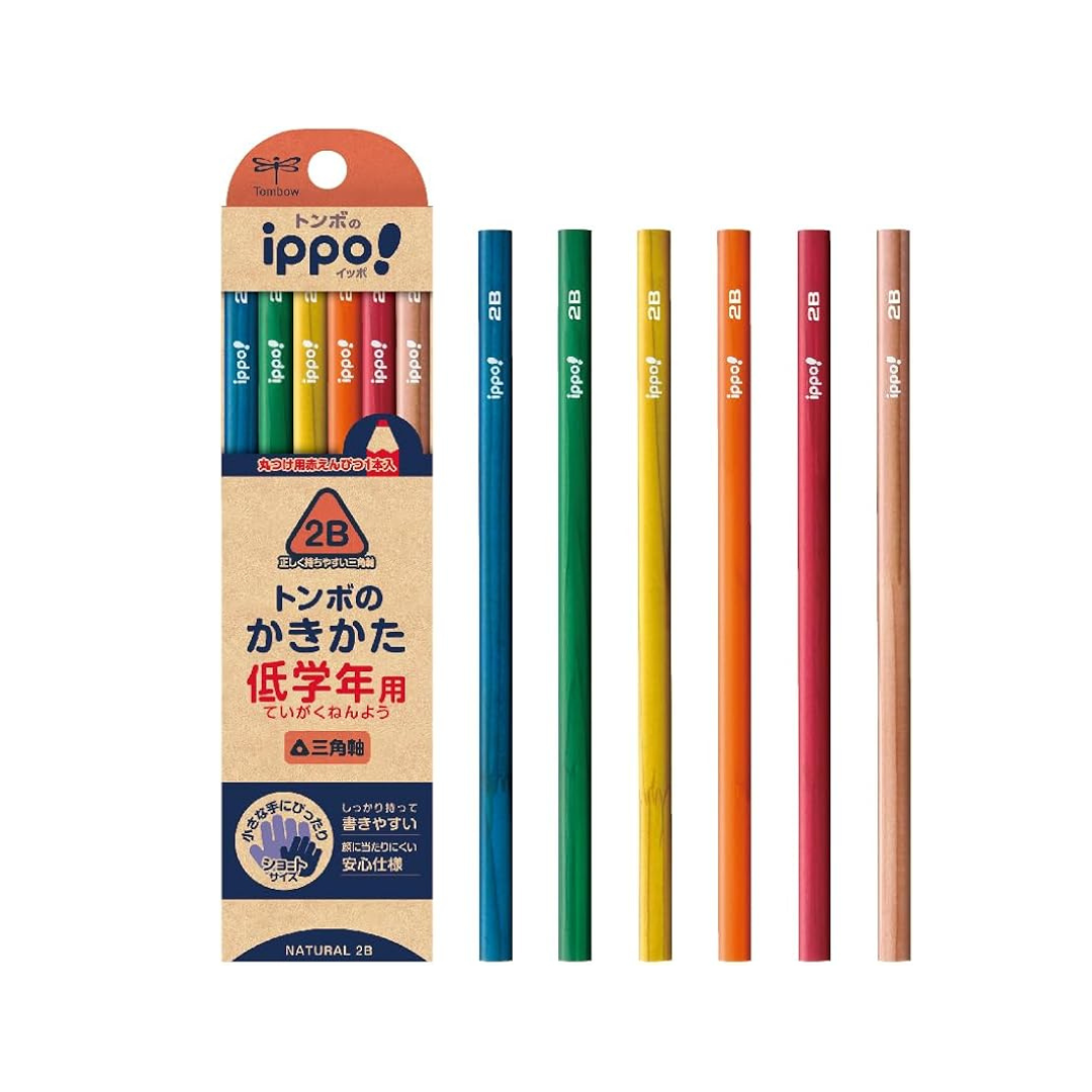Tombow MP-SENN04-2B Triangle Pencil, 2B (1 Red Pencil), Safe, Short Design, ippo! Low Grade Kakata, Natural