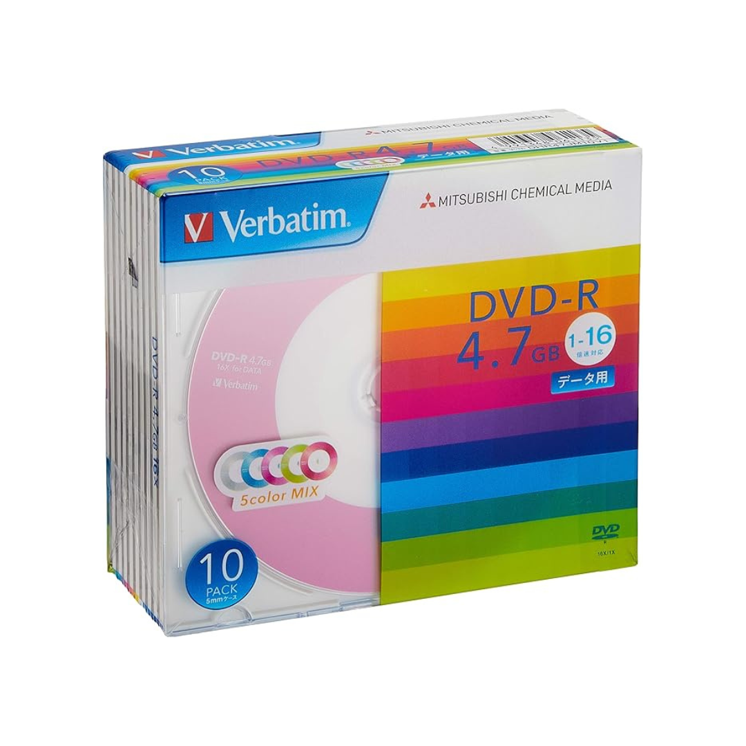 Verbatim DHR47JM10V1 Single Recording DVD-R, 4.7 GB, 10 Sheets, 5 Color Discs, Single Side, 1 Layer, 1-16x Speed
