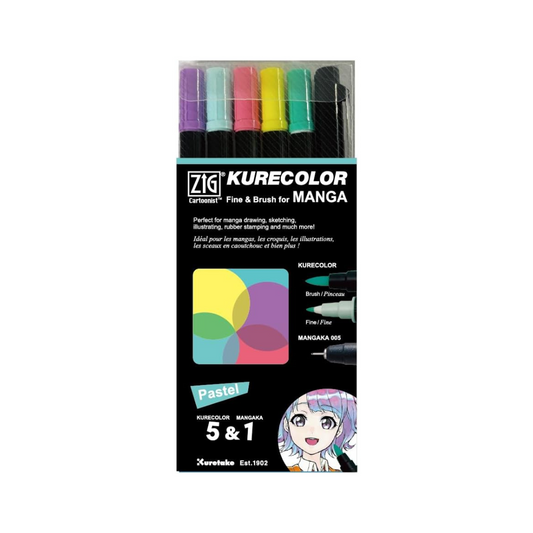 Kuretake Jig Mangaka KURECOLOR Fine & Brush Pastel Set 5 Colors MANGAKA Black Alcohol Twin Tip Markers for Artists Pro