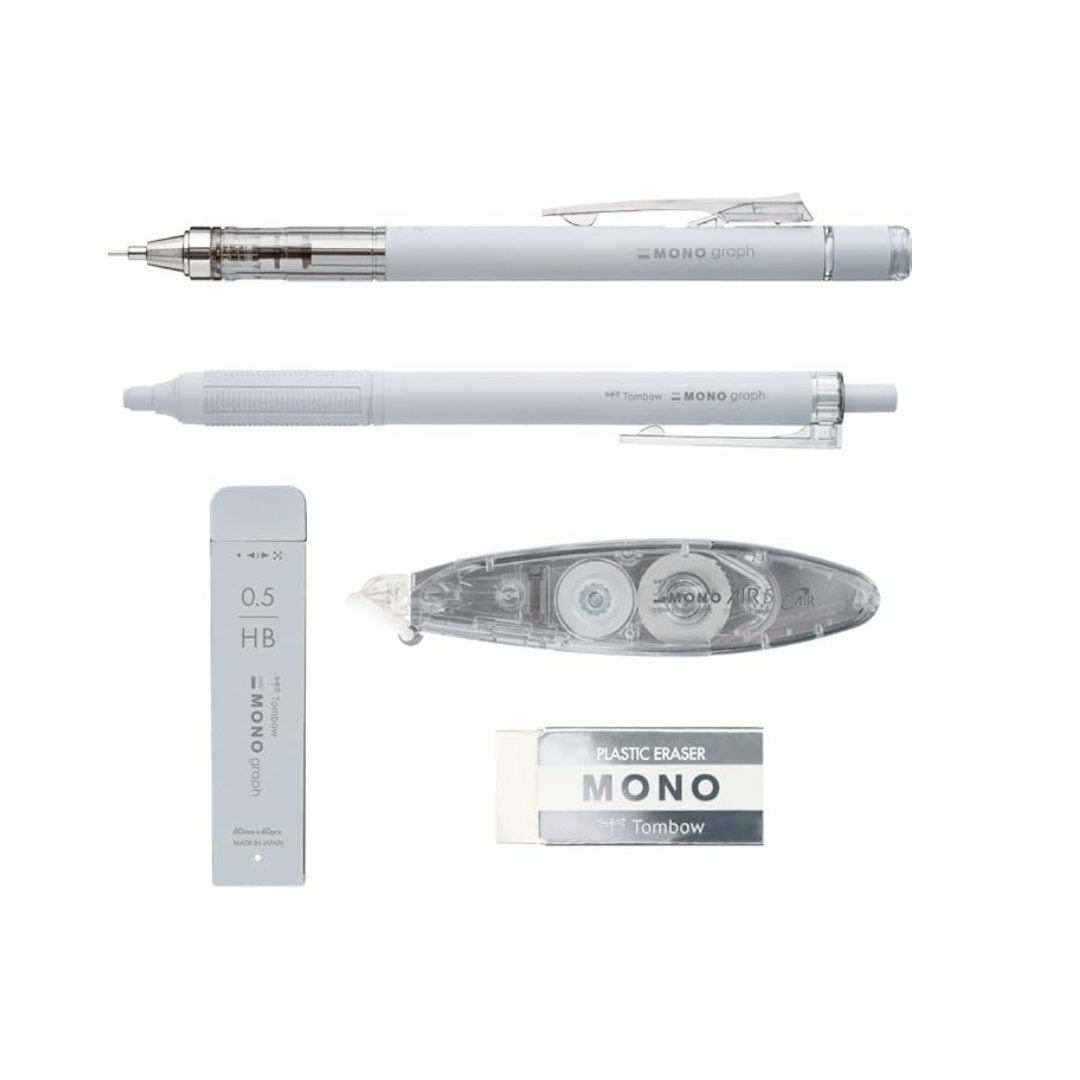 Tombow Pencil MONO PCC-541CAZ Stationery Set, Grayscale, Light Gray, 5 Piece Set (Mechanical Pencil, Pencil Lead, Eraser, Ballpoint Pen Correction Tape)