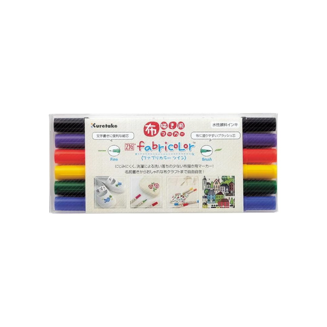 Kuretake TC-4000A/6V Cloth Drawing Markers, ZIG Fabricolor Twin, Set of 6 Colors