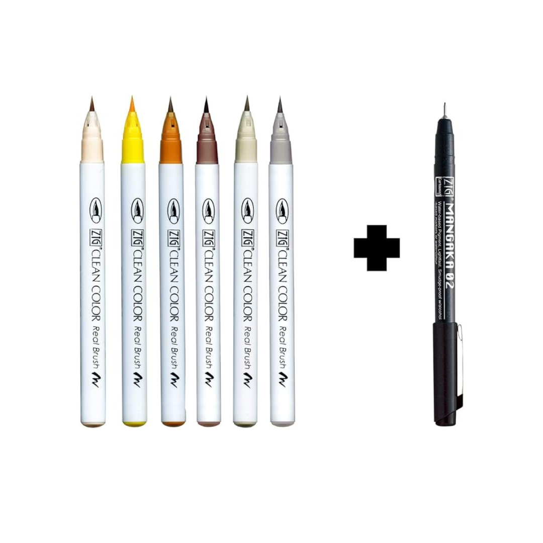 Kuretake RBCN/7VL Brush Pen, Real Brush + MANGAKA Cat Color