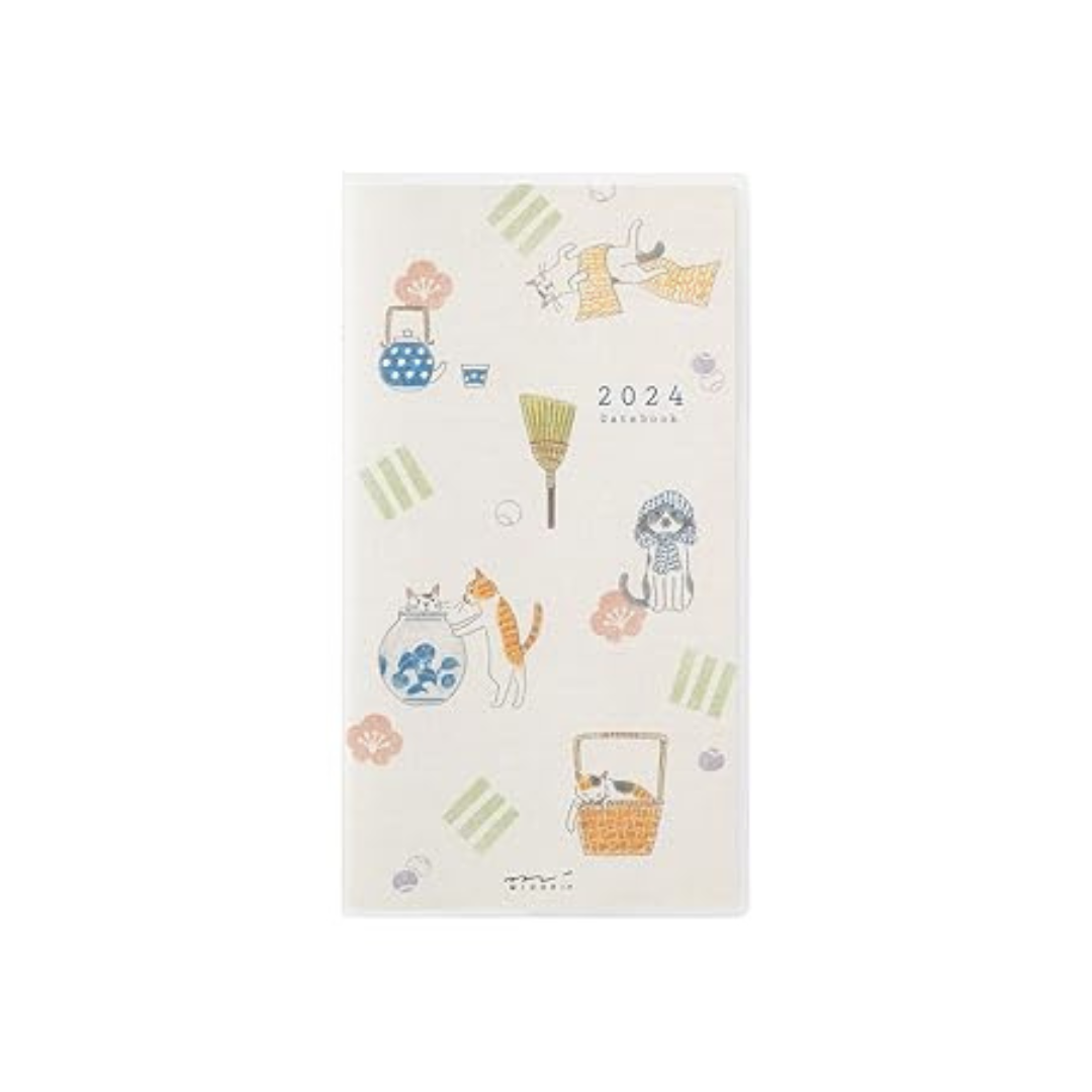 Midori Pocket Diary Notebook, 2024, Slim, Monthly Cat Pattern, Starts October (Cat Print)