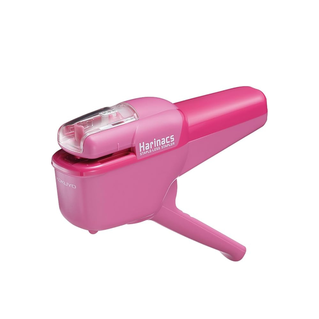 Kokuyo Harinacs Staple-Less Stapler, 10-Sheet Capacity, Safety Pink