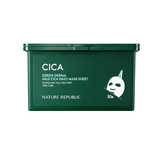 NATURE REPUBLIC Green Derma Cica Daily Sheet Mask, 30 Sheets (11.8 fl oz (350 ml) x 1, Large Capacity (CICA/Ceramide)