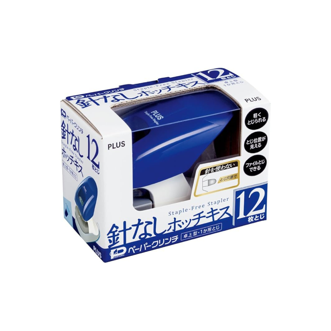 PLUS Stapler, Needleless Stapler, Paper Clinch, Tabletop Type, 12 Sheets, Blue, 31-210