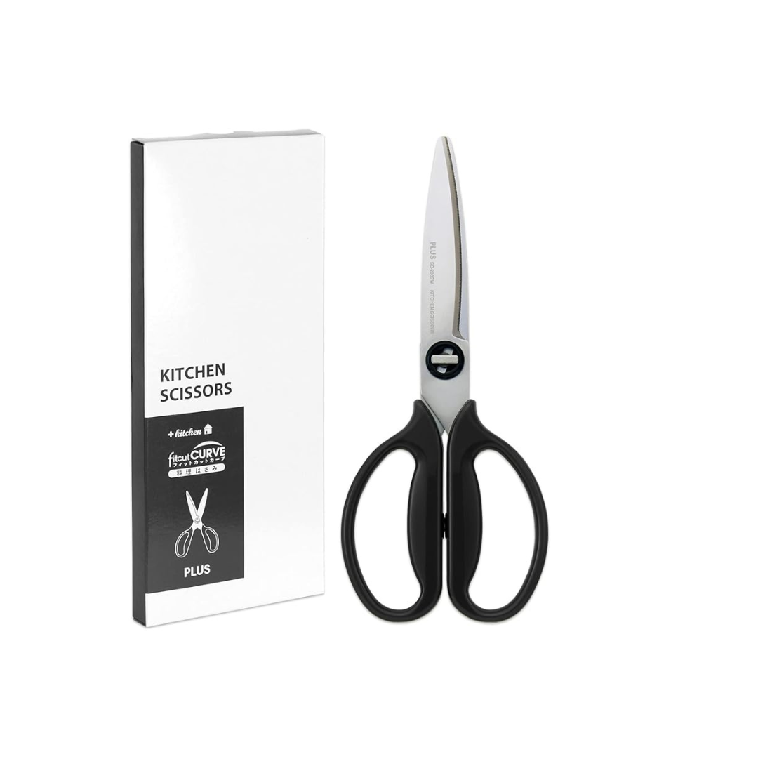Plus Kitchen Scissors, Disassembly, Dishwasher Safe, Stress-Free Cut, Fit Cut Curve, Black, Continuous Sharping, Paper Box Packaging 35-719
