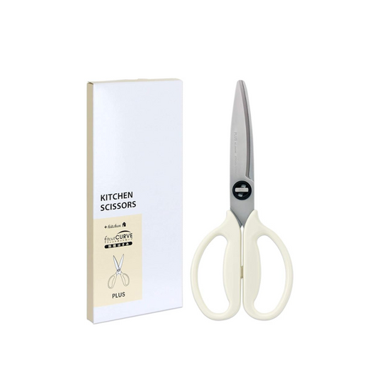 Plus Kitchen Scissors Disassemble Dishwasher Safe Stress-Free Cutting Fit Cut Curve Ivory White Paper Box Packaging 35731