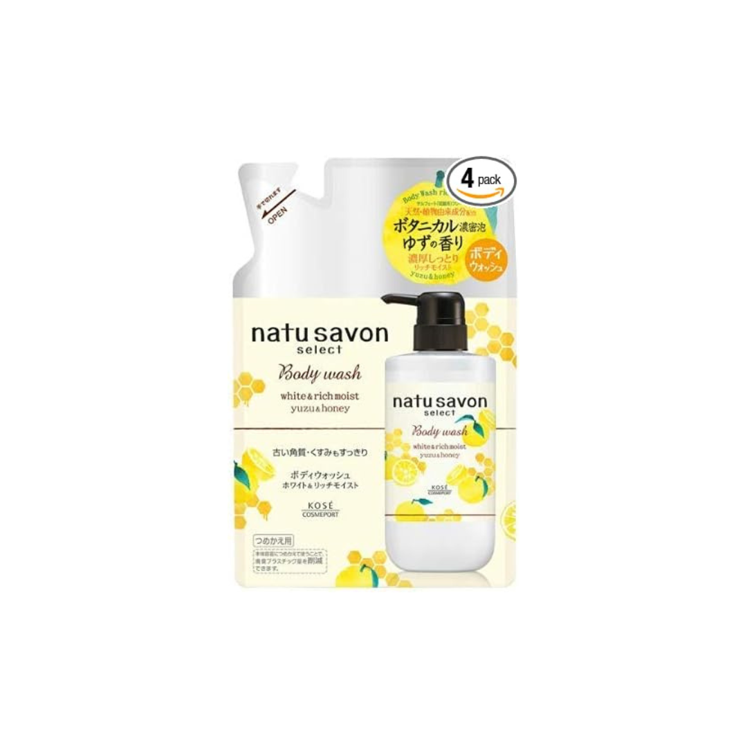 Kose Cosmetymo Natusabon Select White Body Wash, Rich Moist, Yuzu & Honey Refill, 12.2 fl oz (360 ml) x 4 Packs
