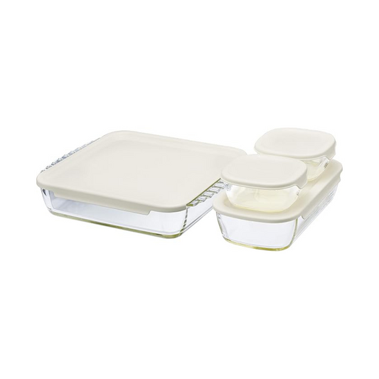 HARIO HKOZ-5004-OW Stacking Heat-Resistant Glass Containers, Square, Set of 4, Full Liquid Capacity 8.5 fl oz (250 ml) / 30.4 fl oz (900 ml) / 67.6 fl oz (2,000 ml), Lid and Microwave Oven, Made in