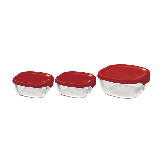 HARIO KST-2012-R Heat-Resistant Glass Storage Containers, Made in Japan, Red, 3 Pieces