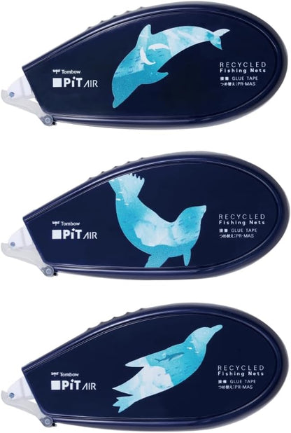 Tombow HHA-341ATU PiT Tape Glue PiT Air Body Strong Adhesive Fishing Net Recycling 3.3 inches (8.4 mm) Width x 59.4 ft (16 m) Set of 3 Types Dolphin Seal Penguin