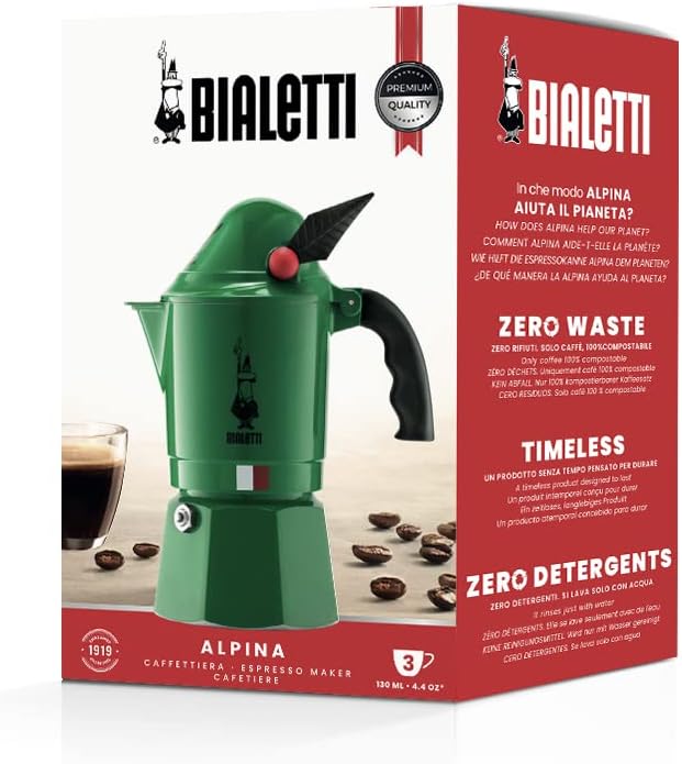 Bialetti Espresso Maker, Direct Fire, Moka Alpina, 3 Cups, Coffee Makinetta, Green, 0002762
