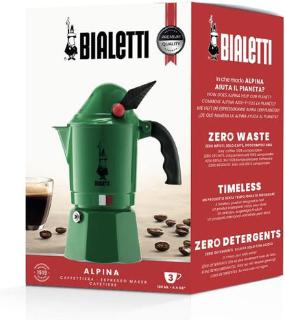 Bialetti Espresso Maker, Direct Fire, Moka Alpina, 3 Cups, Coffee Makinetta, Green, 0002762