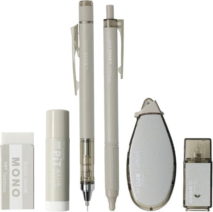 TOMBOW PCC-643AAZ MONO PIT Stationery Set, 6 Pieces, Ash Color, Taupe Mechanical Pencil, 0.3mm Set