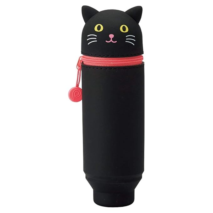 Lihit Lab Puni Labo Stand Pen Case, Cute Animal Design, Silicone Pencil Case, (Black Cat) (A-7712)