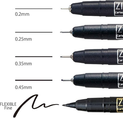 Kuretake ZIG CARTOONIST Mangaka, Black, Set of 5, Art, Illustration, Lettering, Graphic Designer, Urban Artist, Papercraft, AP Certified
