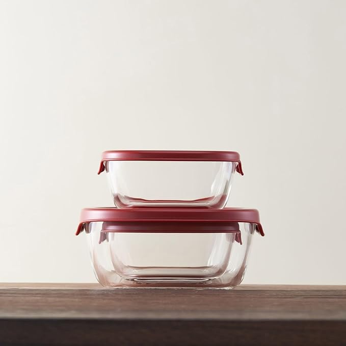 HARIO KST-2012-R Heat-Resistant Glass Storage Containers, Made in Japan, Red, 3 Pieces