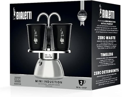 Bialetti Mini Express Induction for 2 Cups, Induction Compatible, Induction & Direct Fire/Espresso Cup
