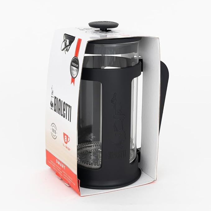 Bialetti Coffee Press Smart French Press for Coffee or Tea Borosilicate Glass Containers Dishwasher Safe 1L Black