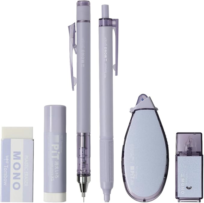 TOMBOW PCC-643AAZ MONO PIT Stationery Set, 6 Pieces, Ash Color, Taupe Mechanical Pencil, 0.3mm Set
