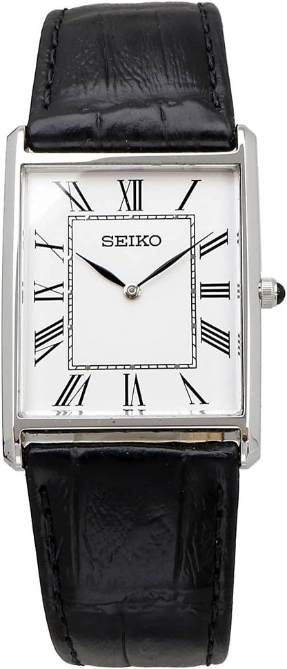 Seiko SWR049 Men's Wristwatch, Square Design, Quartz, White Dial x Black Leather Band, Classic